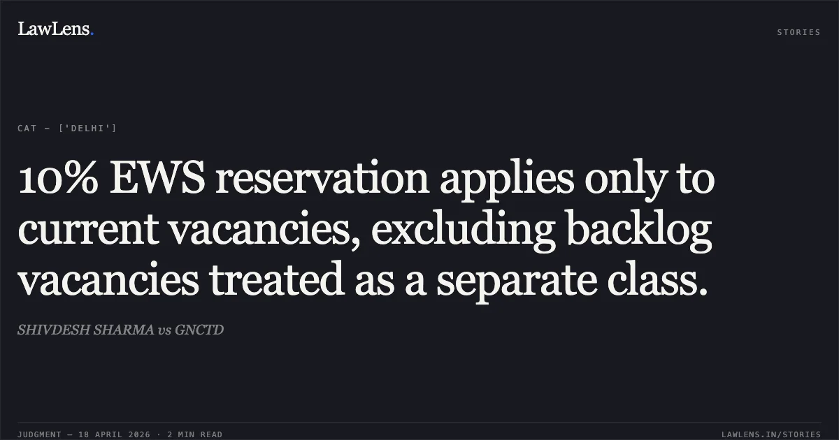 10% EWS reservation applies only to current vacancies, excluding backlog vacancies treated as a separate class.. SHIVDESH SHARMA vs GNCTD. Central Administrative Tribunal. LawLens