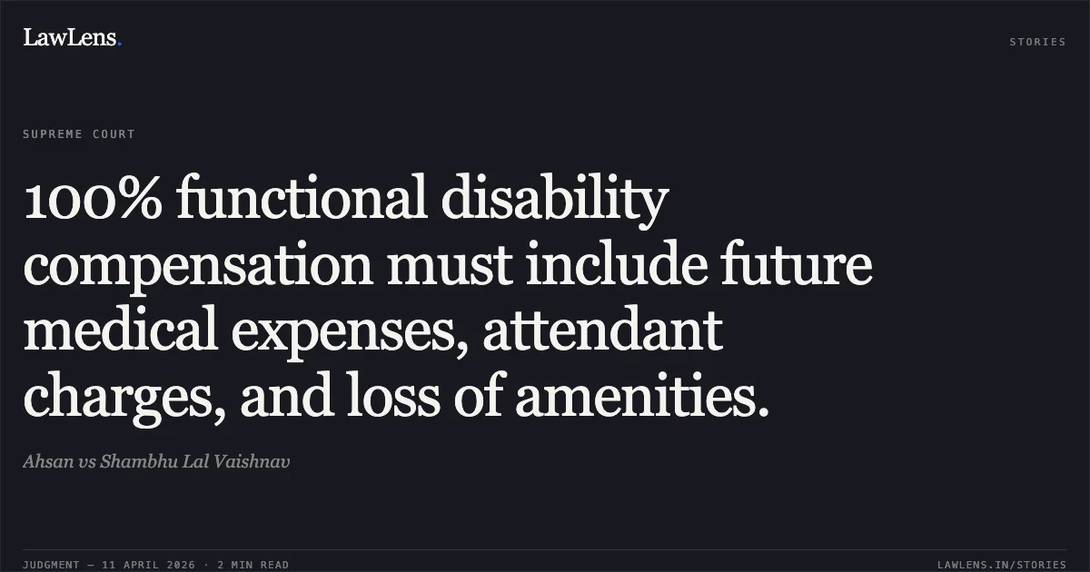 100% functional disability compensation must include future medical expenses, attendant charges, and loss of amenities.. Ahsan vs Shambhu Lal Vaishnav. Supreme Court. LawLens
