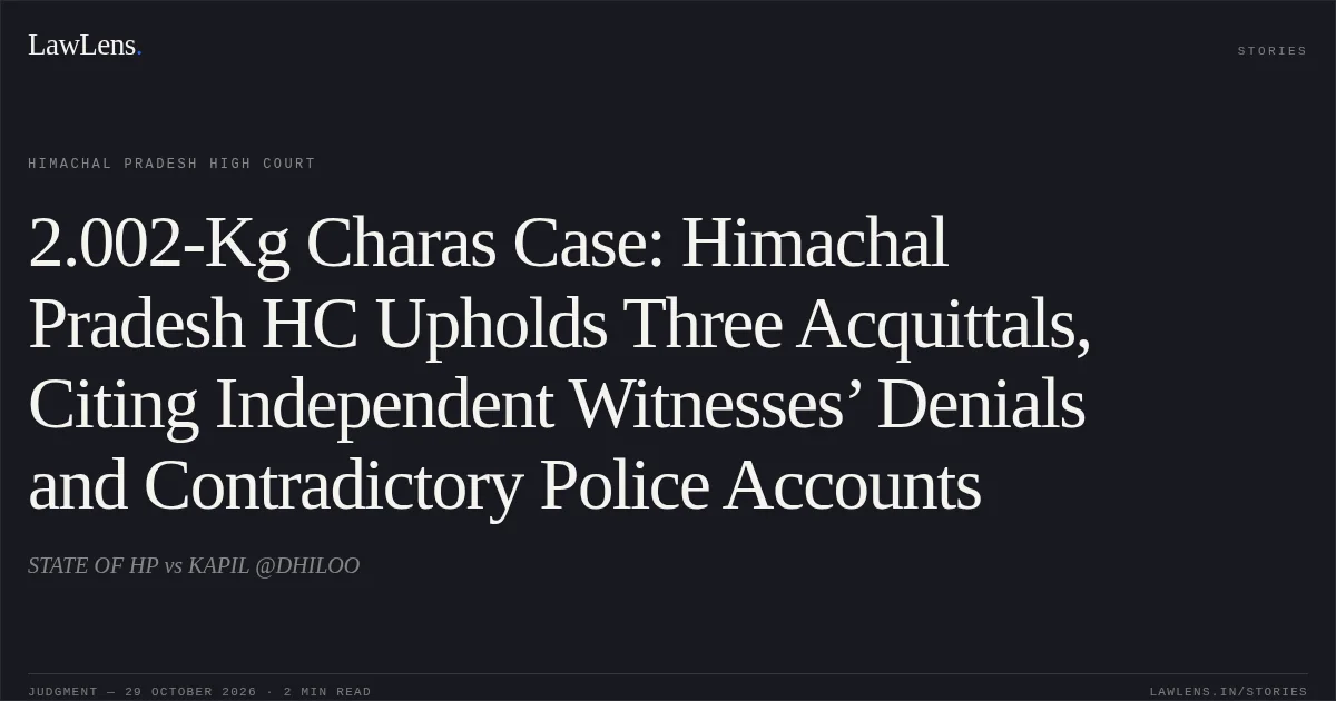 2.002-Kg Charas Case: Himachal Pradesh HC Upholds Three Acquittals, Citing Independent Witnesses’ Denials and Contradictory Police Accounts. STATE OF HP vs KAPIL @DHILOO. Himachal Pradesh High Court. LawLens