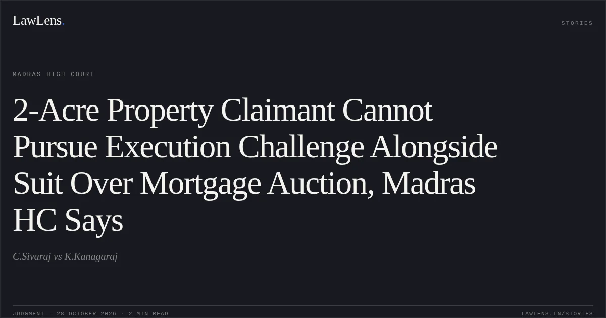 2-Acre Property Claimant Cannot Pursue Execution Challenge Alongside Suit Over Mortgage Auction, Madras HC Says. C.Sivaraj vs K.Kanagaraj. Madras High Court. LawLens
