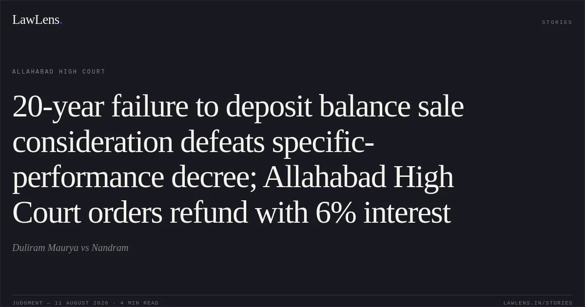 20-year failure to deposit balance sale consideration defeats specific-performance decree; Allahabad High Court orders refund with 6% interest. Duliram Maurya vs Nandram. Allahabad High Court. LawLens