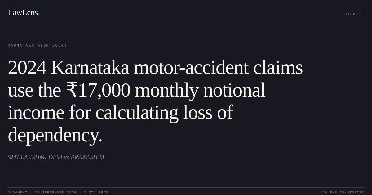 2024 Karnataka motor-accident claims use the ₹17,000 monthly notional income for calculating loss of dependency.. SMT.LAKSHMI DEVI vs PRAKASH M. Karnataka High Court. LawLens