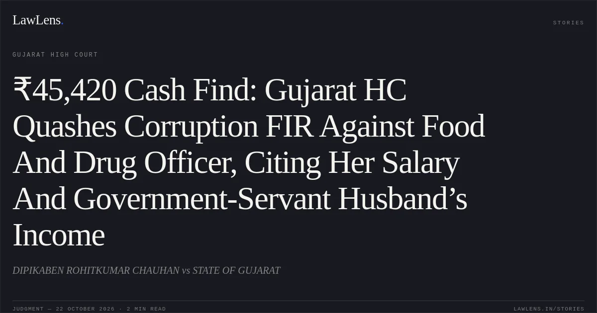 ₹45,420 Cash Find: Gujarat HC Quashes Corruption FIR Against Food And Drug Officer, Citing Her Salary And Government-Servant Husband’s Income. DIPIKABEN ROHITKUMAR CHAUHAN vs STATE OF GUJARAT. Gujarat High Court. LawLens
