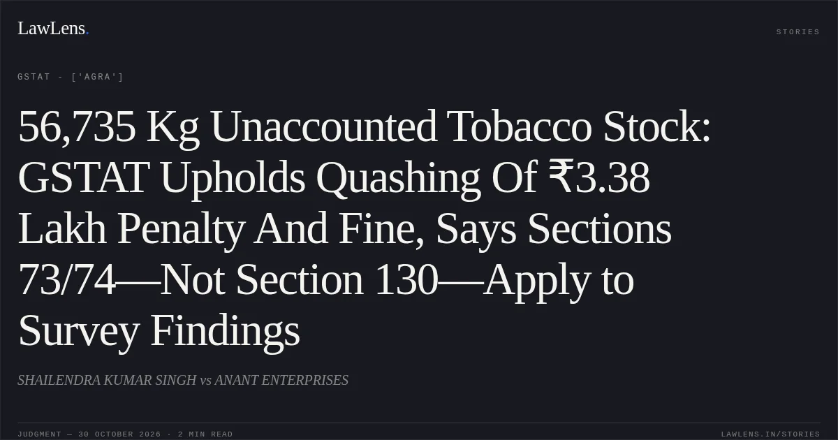 56,735 Kg Unaccounted Tobacco Stock: GSTAT Upholds Quashing Of ₹3.38 Lakh Penalty And Fine, Says Sections 73/74—Not Section 130—Apply to Survey Findings. SHAILENDRA KUMAR SINGH vs ANANT ENTERPRISES. GSTAT - ['Agra']. LawLens