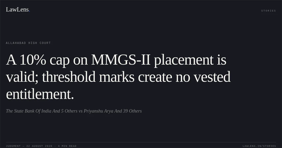 A 10% cap on MMGS-II placement is valid; threshold marks create no vested entitlement.. The State Bank Of India And 5 Others vs Priyanshu Arya And 39 Others. Allahabad High Court. LawLens