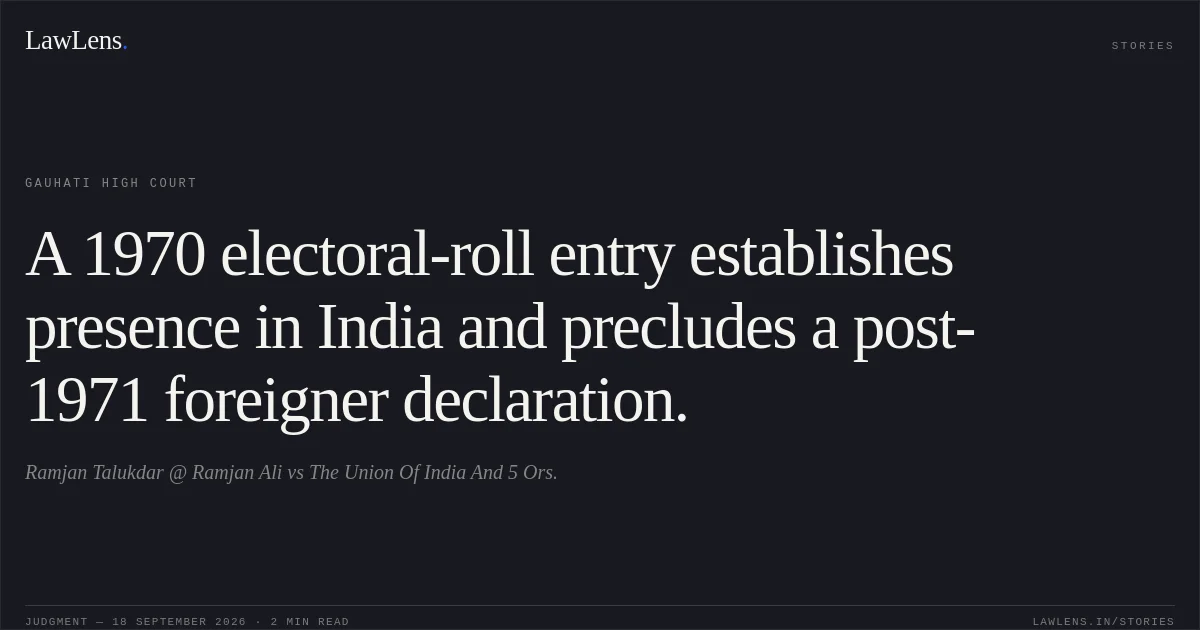 A 1970 electoral-roll entry establishes presence in India and precludes a post-1971 foreigner declaration.. Ramjan Talukdar @ Ramjan Ali vs The Union Of India And 5 Ors.. Gauhati High Court. LawLens