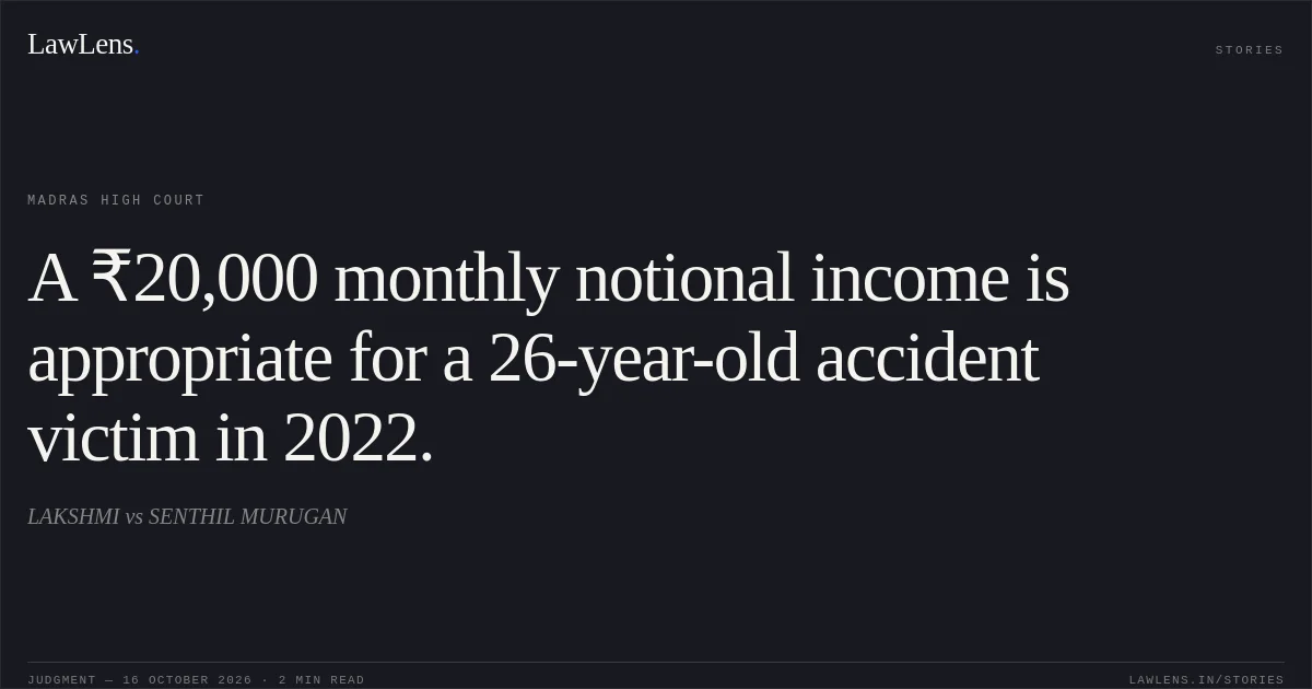 A ₹20,000 monthly notional income is appropriate for a 26-year-old accident victim in 2022.. LAKSHMI vs SENTHIL MURUGAN. Madras High Court. LawLens