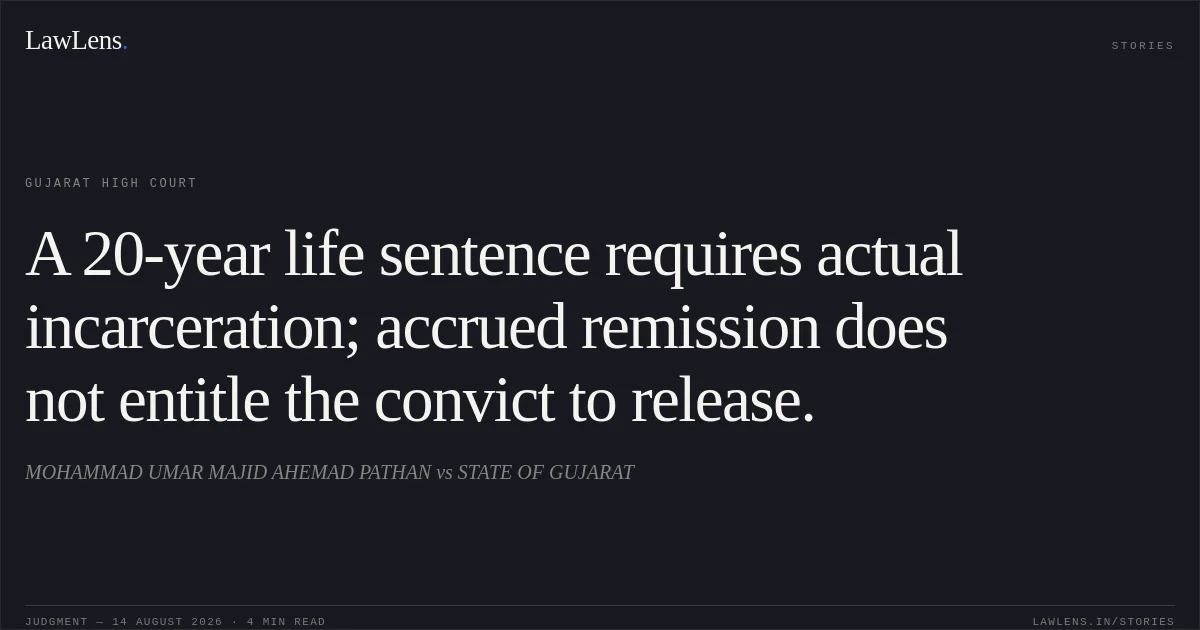 A 20-year life sentence requires actual incarceration; accrued remission does not entitle the convict to release.. MOHAMMAD UMAR MAJID AHEMAD PATHAN vs STATE OF GUJARAT. Gujarat High Court. LawLens