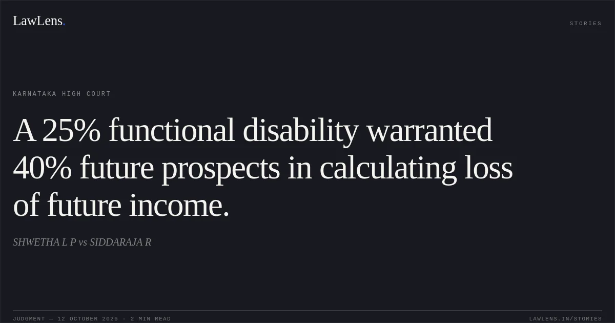 A 25% functional disability warranted 40% future prospects in calculating loss of future income.. SHWETHA L P vs SIDDARAJA R. Karnataka High Court. LawLens