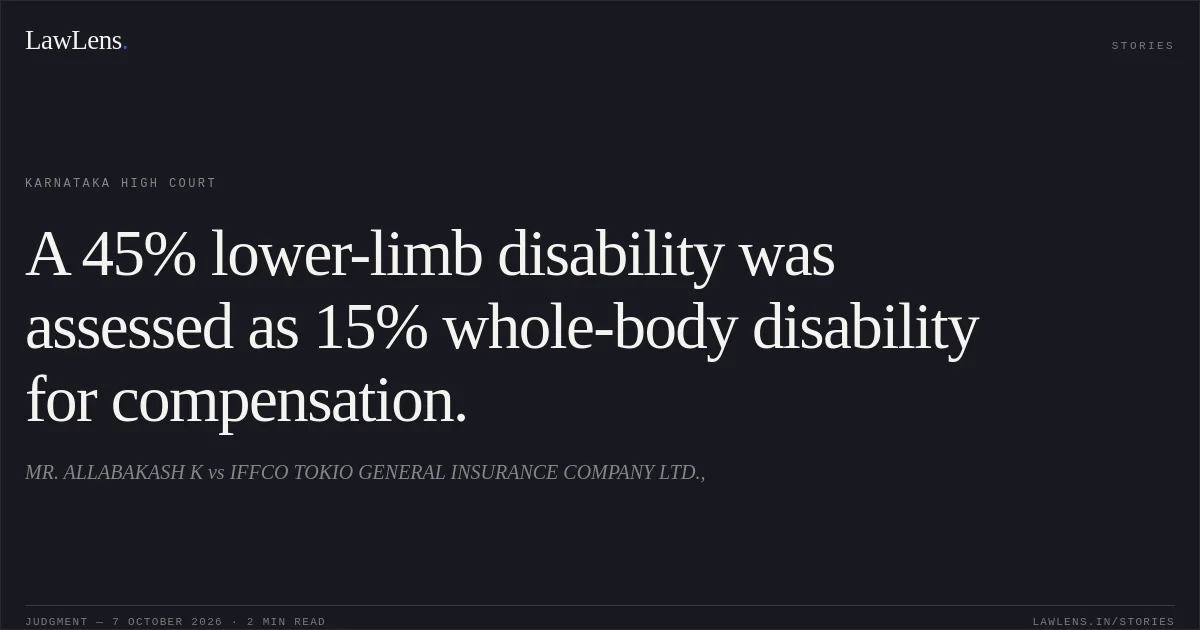 A 45% lower-limb disability was assessed as 15% whole-body disability for compensation.. MR. ALLABAKASH K vs IFFCO TOKIO GENERAL INSURANCE COMPANY LTD.,. Karnataka High Court. LawLens