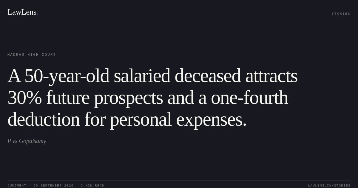 A 50-year-old salaried deceased attracts 30% future prospects and a one-fourth deduction for personal expenses.. P vs Gopalsamy. Madras High Court. LawLens