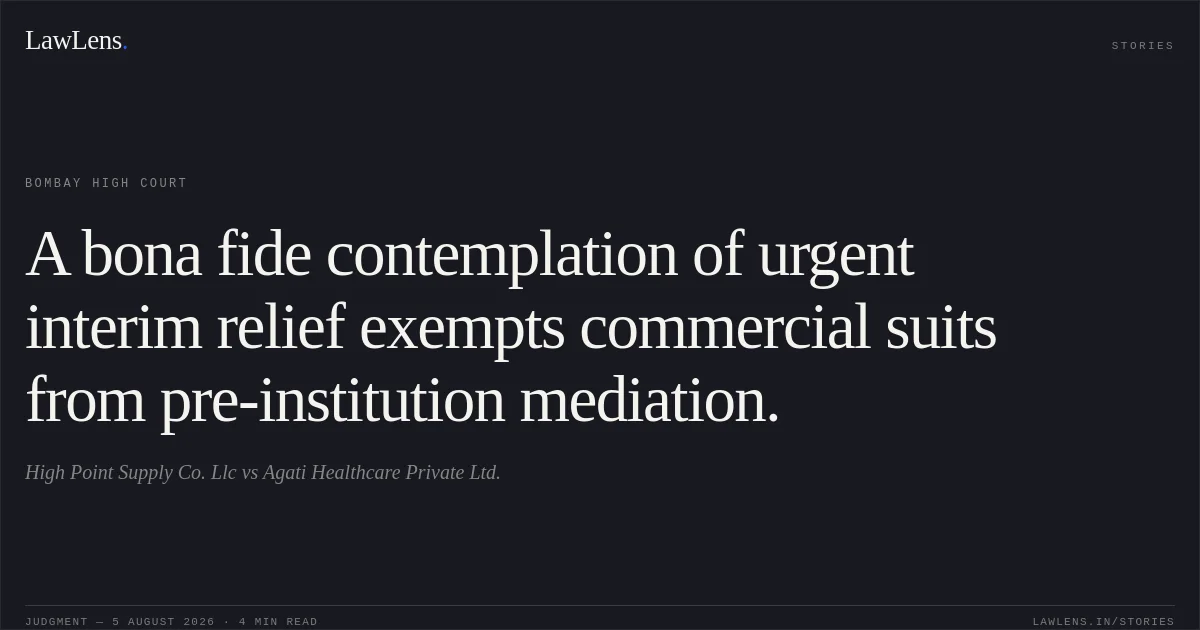 A bona fide contemplation of urgent interim relief exempts commercial suits from pre-institution mediation.. High Point Supply Co. Llc vs Agati Healthcare Private Ltd.. Bombay High Court. LawLens