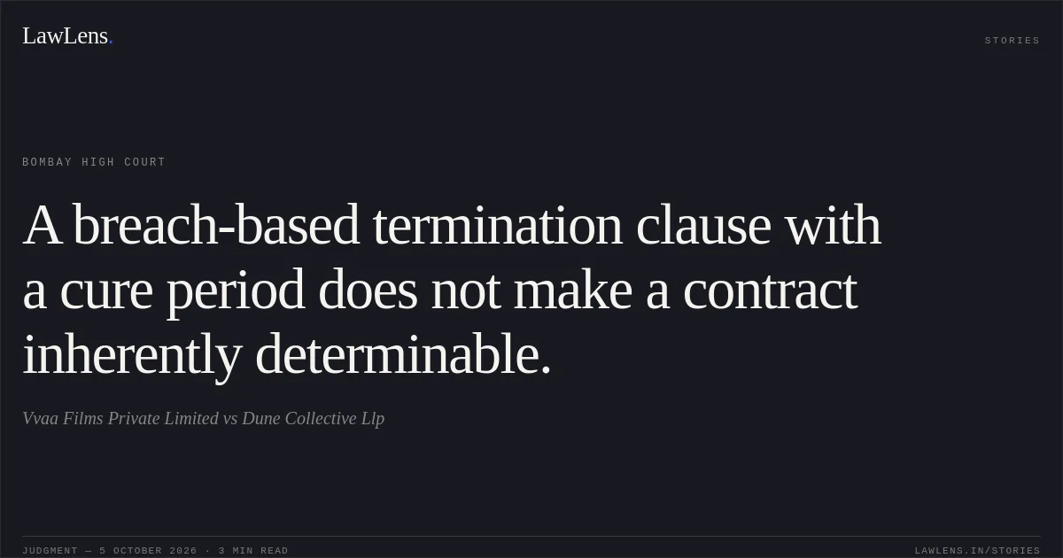 A breach-based termination clause with a cure period does not make a contract inherently determinable.. Vvaa Films Private Limited vs Dune Collective Llp. Bombay High Court. LawLens