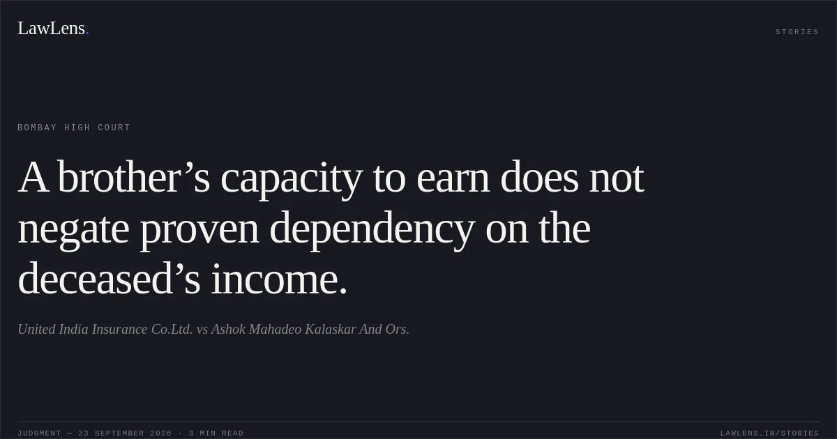A brother’s capacity to earn does not negate proven dependency on the deceased’s income.. United India Insurance Co.Ltd. vs Ashok Mahadeo Kalaskar And Ors.. Bombay High Court. LawLens
