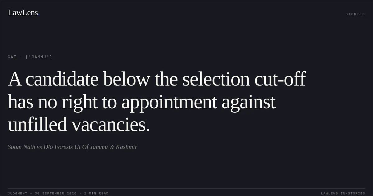 A candidate below the selection cut-off has no right to appointment against unfilled vacancies.. Soom Nath vs D/o Forests Ut Of Jammu & Kashmir. CAT - ['Jammu']. LawLens