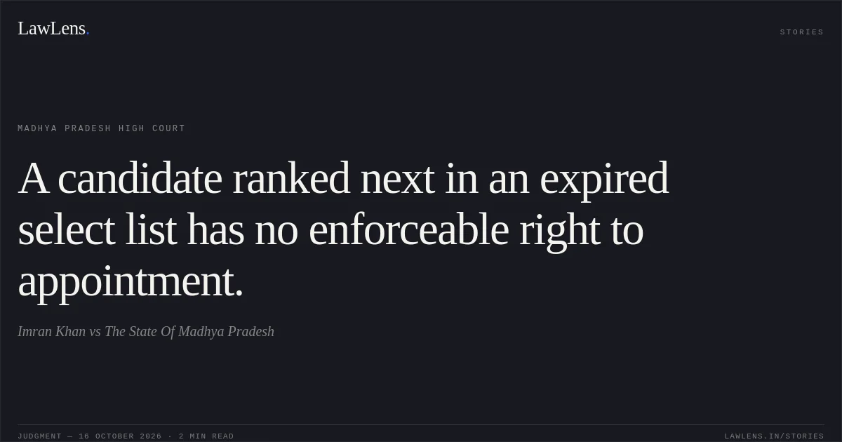 A candidate ranked next in an expired select list has no enforceable right to appointment.. Imran Khan vs The State Of Madhya Pradesh. Madhya Pradesh High Court. LawLens