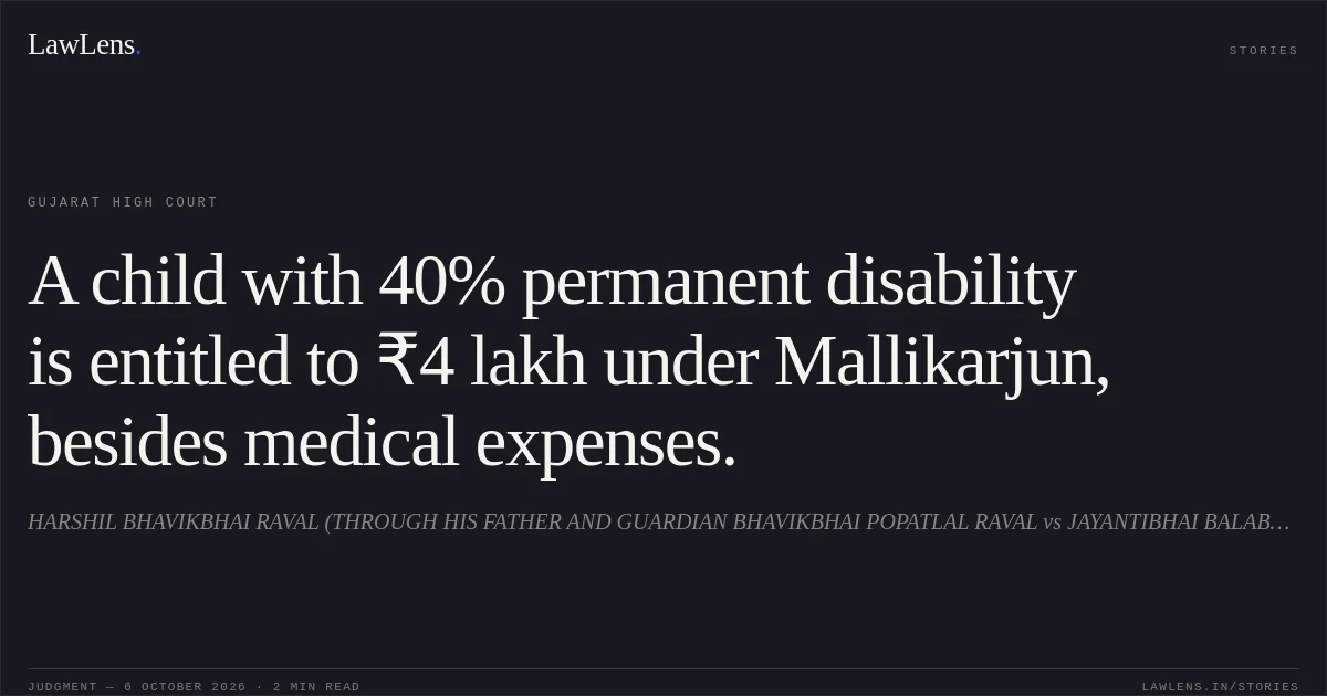 A child with 40% permanent disability is entitled to ₹4 lakh under Mallikarjun, besides medical expenses.. HARSHIL BHAVIKBHAI RAVAL (THROUGH HIS FATHER AND GUARDIAN BHAVIKBHAI POPATLAL RAVAL vs JAYANTIBHAI BALABHAI RAVAL. Gujarat High Court. LawLens