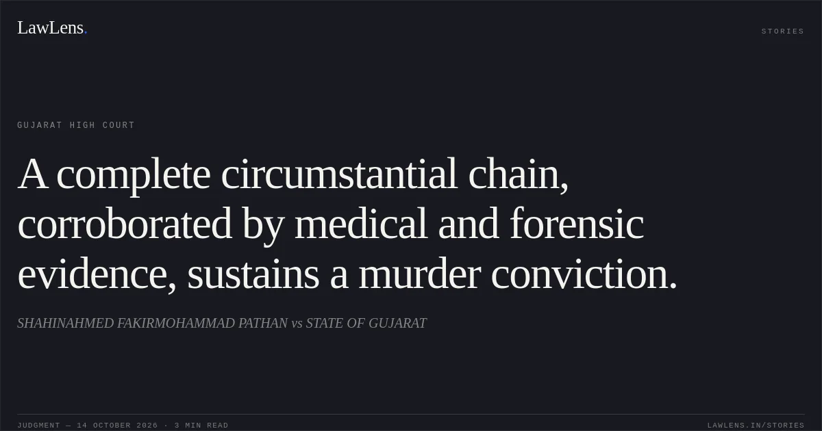 A complete circumstantial chain, corroborated by medical and forensic evidence, sustains a murder conviction.. SHAHINAHMED FAKIRMOHAMMAD PATHAN vs STATE OF GUJARAT. Gujarat High Court. LawLens