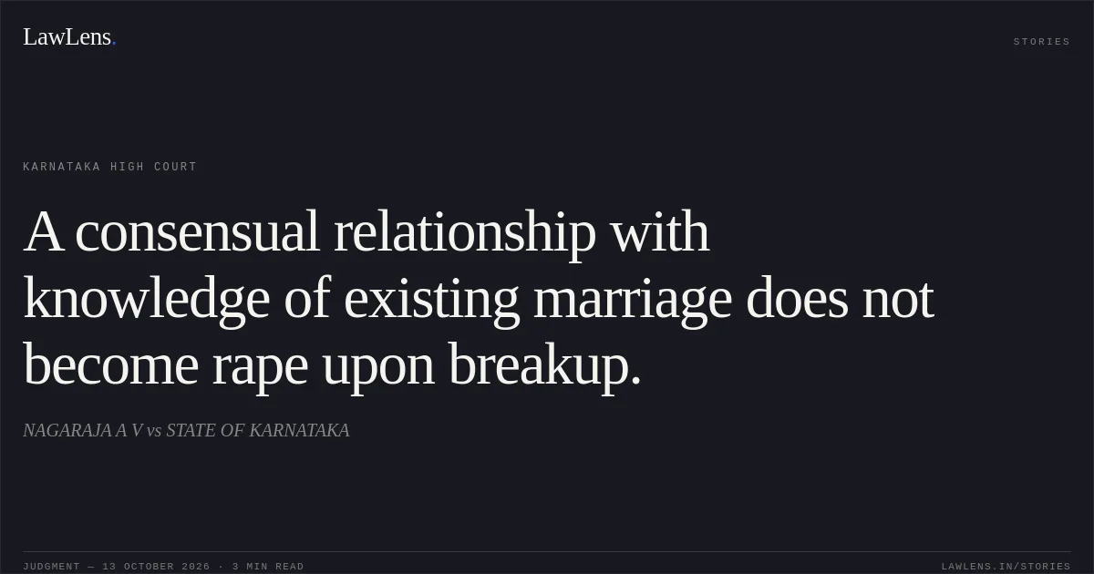 A consensual relationship with knowledge of existing marriage does not become rape upon breakup.. NAGARAJA A V vs STATE OF KARNATAKA. Karnataka High Court. LawLens