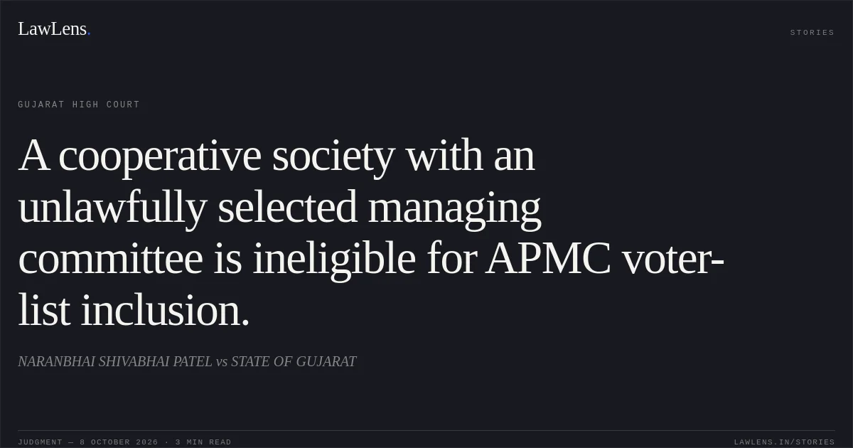 A cooperative society with an unlawfully selected managing committee is ineligible for APMC voter-list inclusion.. NARANBHAI SHIVABHAI PATEL vs STATE OF GUJARAT. Gujarat High Court. LawLens
