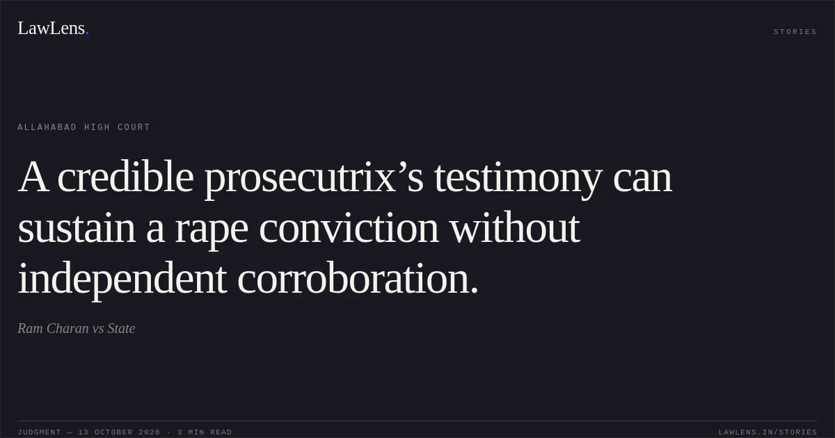 A credible prosecutrix’s testimony can sustain a rape conviction without independent corroboration.. Ram Charan vs State. Allahabad High Court. LawLens