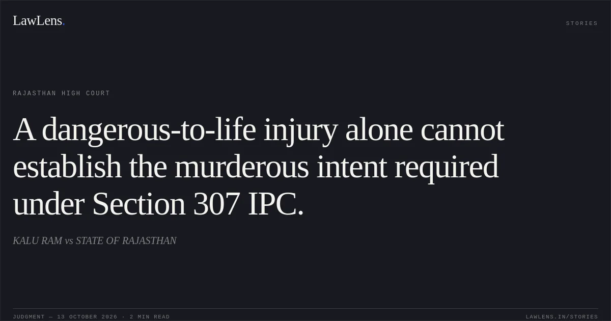 A dangerous-to-life injury alone cannot establish the murderous intent required under Section 307 IPC.. KALU RAM vs STATE OF RAJASTHAN. Rajasthan High Court. LawLens