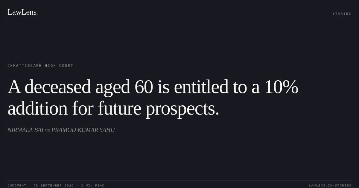 A deceased aged 60 is entitled to a 10% addition for future prospects.. NIRMALA BAI vs PRAMOD KUMAR SAHU. Chhattisgarh High Court. LawLens