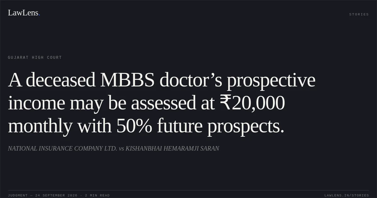 A deceased MBBS doctor’s prospective income may be assessed at ₹20,000 monthly with 50% future prospects.. NATIONAL INSURANCE COMPANY LTD. vs KISHANBHAI HEMARAMJI SARAN. Gujarat High Court. LawLens