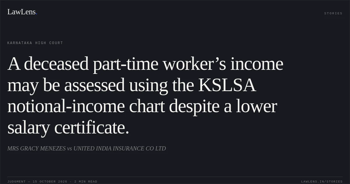 A deceased part-time worker’s income may be assessed using the KSLSA notional-income chart despite a lower salary certificate.. MRS GRACY MENEZES vs UNITED INDIA INSURANCE CO LTD. Karnataka High Court. LawLens