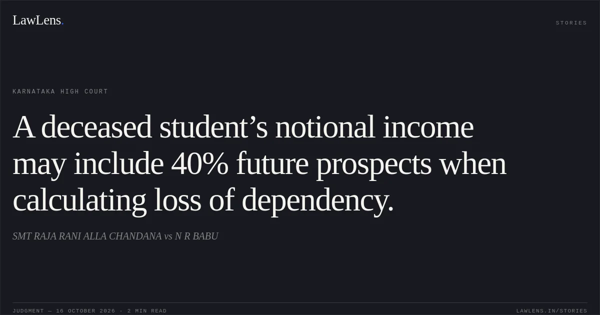 A deceased student’s notional income may include 40% future prospects when calculating loss of dependency.. SMT RAJA RANI ALLA CHANDANA vs N R BABU. Karnataka High Court. LawLens