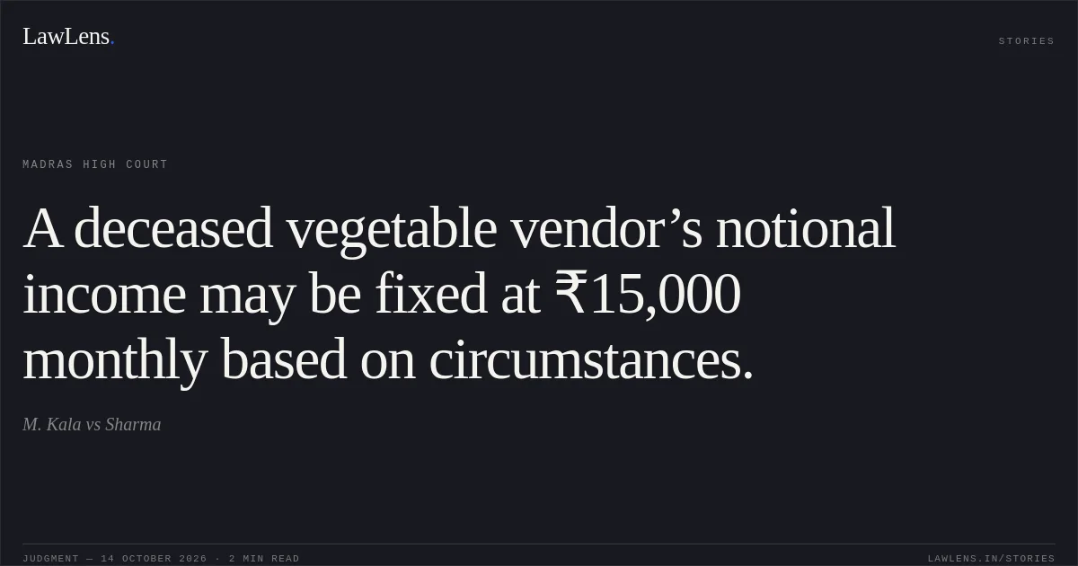 A deceased vegetable vendor’s notional income may be fixed at ₹15,000 monthly based on circumstances.. M. Kala vs Sharma. Madras High Court. LawLens