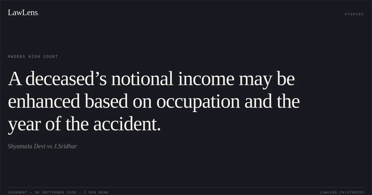 A deceased’s notional income may be enhanced based on occupation and the year of the accident.. Shyamala Devi vs J.Sridhar. Madras High Court. LawLens