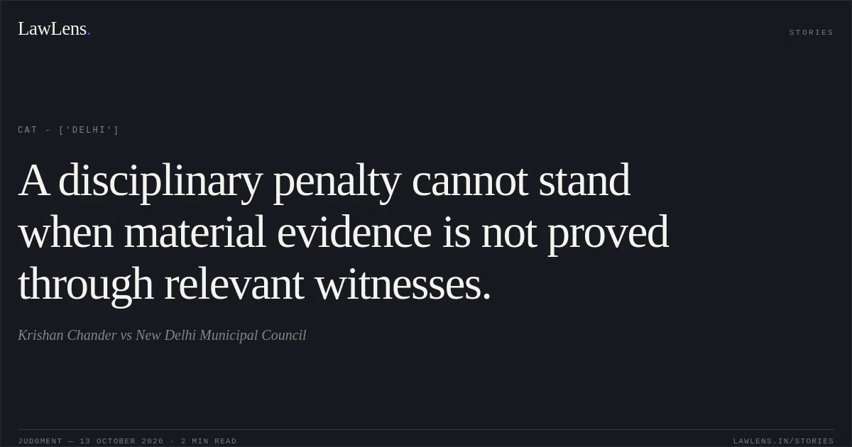 A disciplinary penalty cannot stand when material evidence is not proved through relevant witnesses.. Krishan Chander vs New Delhi Municipal Council. CAT - ['Delhi']. LawLens