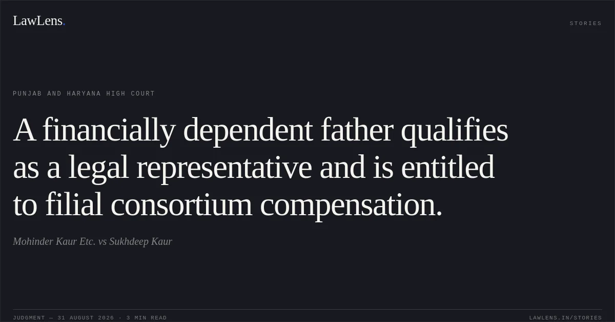 A financially dependent father qualifies as a legal representative and is entitled to filial consortium compensation.. Mohinder Kaur Etc. vs Sukhdeep Kaur. Punjab and Haryana High Court. LawLens
