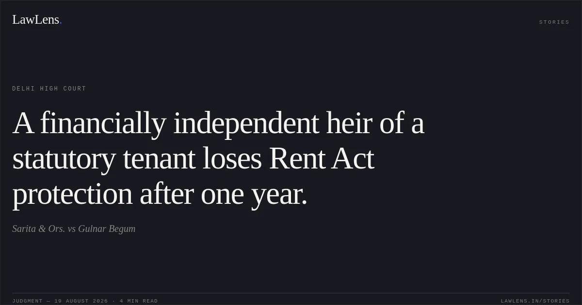 A financially independent heir of a statutory tenant loses Rent Act protection after one year.. Sarita & Ors. vs Gulnar Begum. Delhi High Court. LawLens