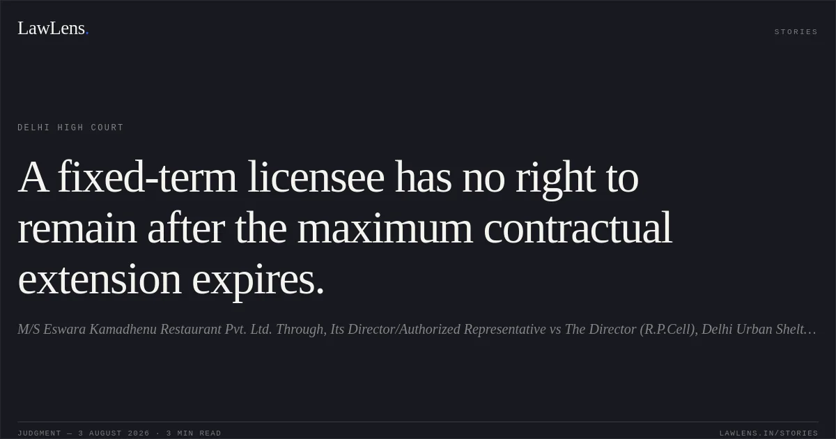 A fixed-term licensee has no right to remain after the maximum contractual extension expires.. M/S Eswara Kamadhenu Restaurant Pvt. Ltd. Through, Its Director/Authorized Representative vs The Director (R.P.Cell), Delhi Urban Shelter Improvement Board & Anr.. Delhi High Court. LawLens