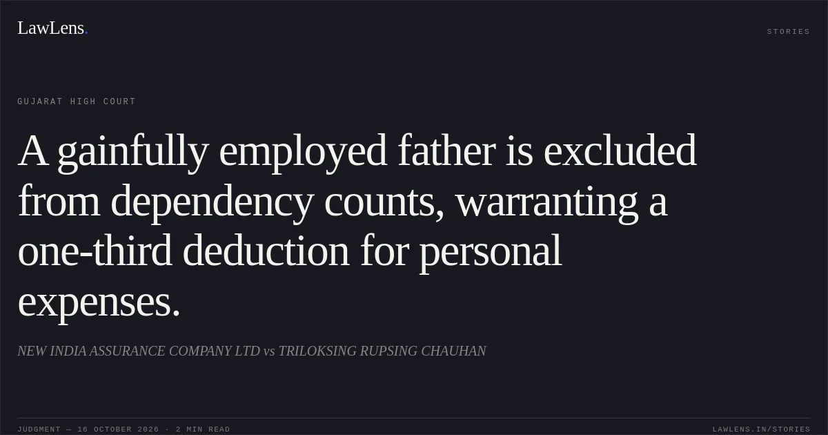 A gainfully employed father is excluded from dependency counts, warranting a one-third deduction for personal expenses.. NEW INDIA ASSURANCE COMPANY LTD vs TRILOKSING RUPSING CHAUHAN. Gujarat High Court. LawLens