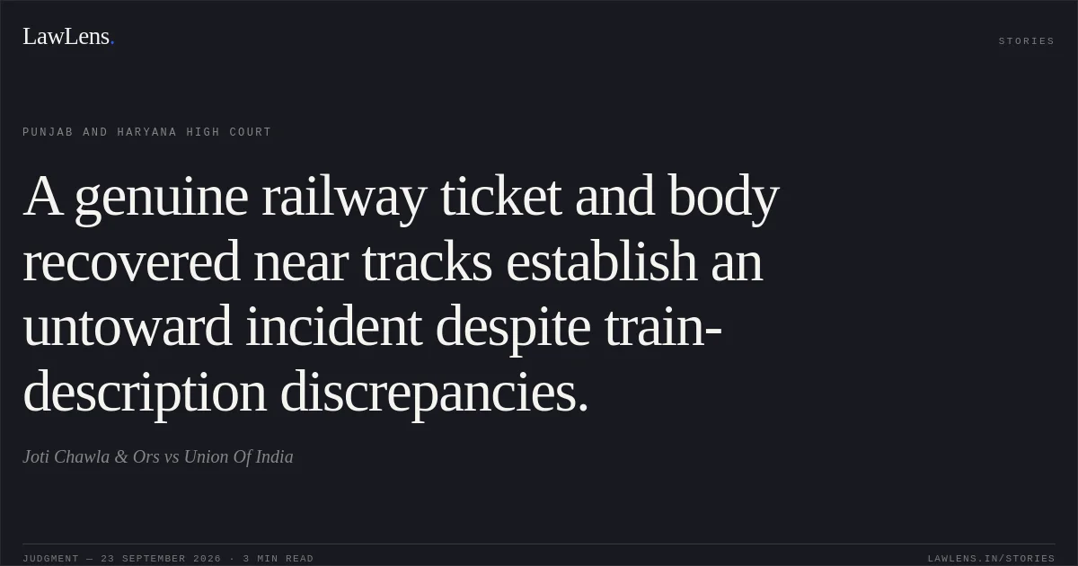 A genuine railway ticket and body recovered near tracks establish an untoward incident despite train-description discrepancies.. Joti Chawla & Ors vs Union Of India. Punjab and Haryana High Court. LawLens