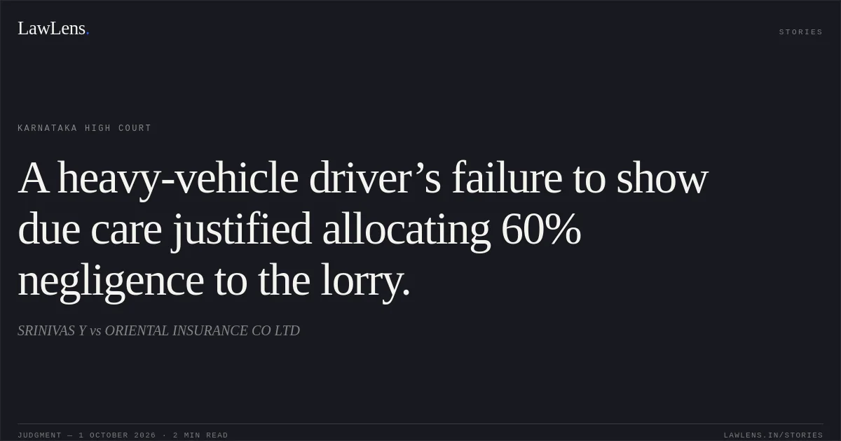 A heavy-vehicle driver’s failure to show due care justified allocating 60% negligence to the lorry.. SRINIVAS Y vs ORIENTAL INSURANCE CO LTD. Karnataka High Court. LawLens
