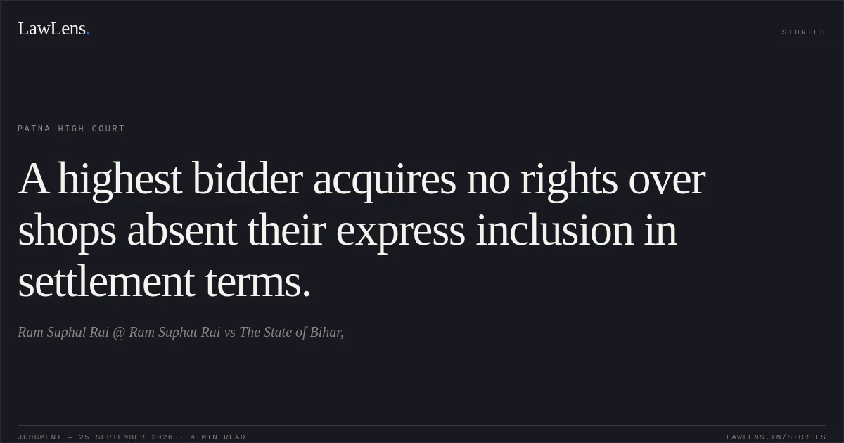 A highest bidder acquires no rights over shops absent their express inclusion in settlement terms.. Ram Suphal Rai @ Ram Suphat Rai vs The State of Bihar,. Patna High Court. LawLens