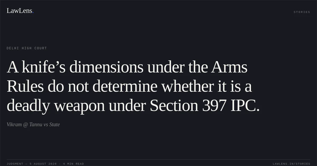 A knife’s dimensions under the Arms Rules do not determine whether it is a deadly weapon under Section 397 IPC.. Vikram @ Tannu vs State. Delhi High Court. LawLens