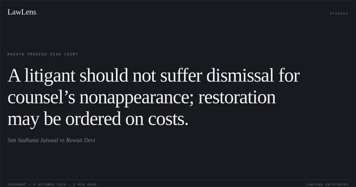 A litigant should not suffer dismissal for counsel’s nonappearance; restoration may be ordered on costs.. Smt Sadhana Jaiswal vs Rewati Devi. Madhya Pradesh High Court. LawLens