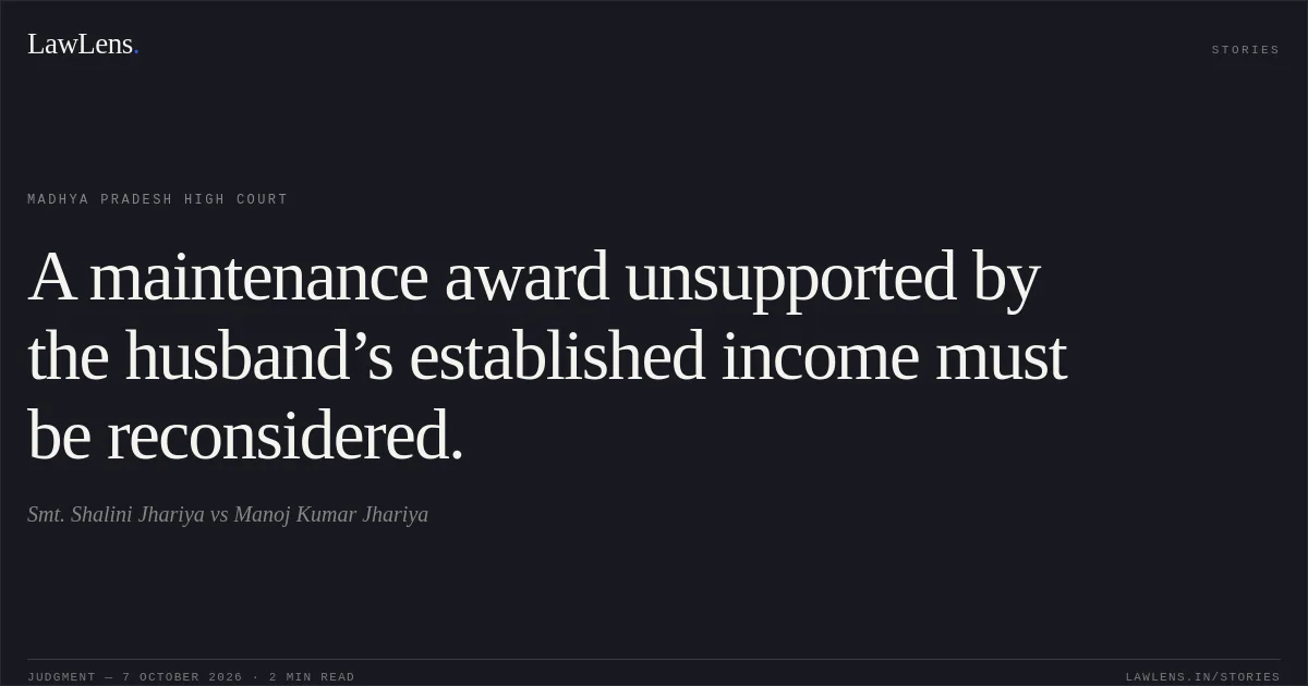 A maintenance award unsupported by the husband’s established income must be reconsidered.. Smt. Shalini Jhariya vs Manoj Kumar Jhariya. Madhya Pradesh High Court. LawLens