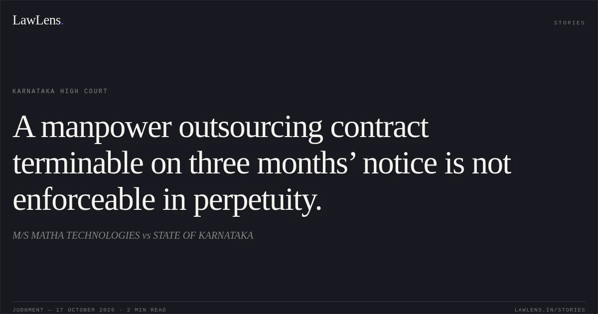 A manpower outsourcing contract terminable on three months’ notice is not enforceable in perpetuity.. M/S MATHA TECHNOLOGIES vs STATE OF KARNATAKA. Karnataka High Court. LawLens