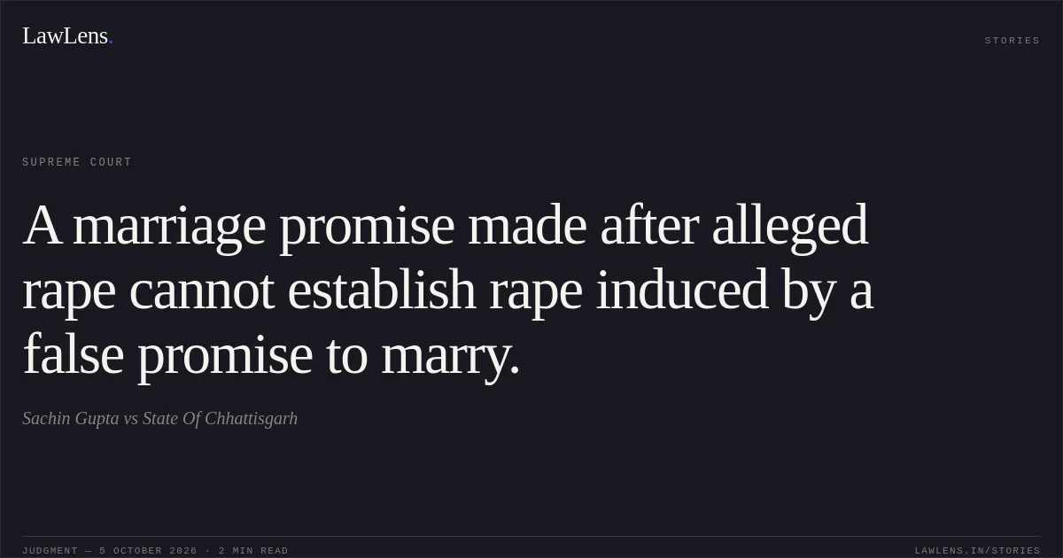 A marriage promise made after alleged rape cannot establish rape induced by a false promise to marry.. Sachin Gupta vs State Of Chhattisgarh. Supreme Court. LawLens