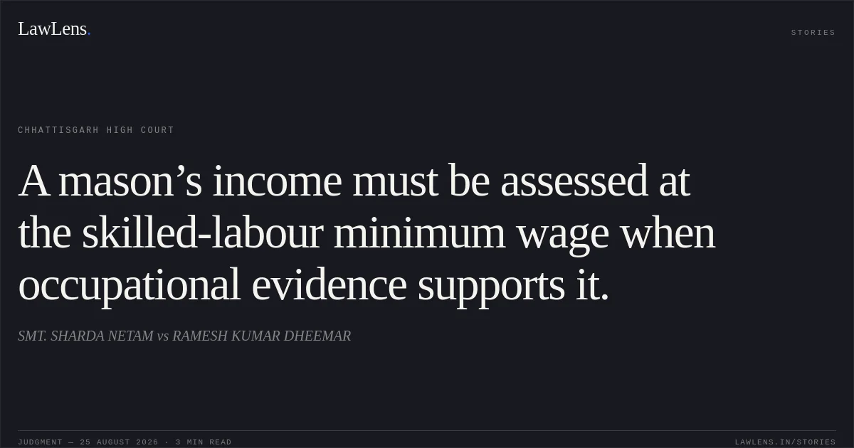 A mason’s income must be assessed at the skilled-labour minimum wage when occupational evidence supports it.. SMT. SHARDA NETAM vs RAMESH KUMAR DHEEMAR. Chhattisgarh High Court. LawLens