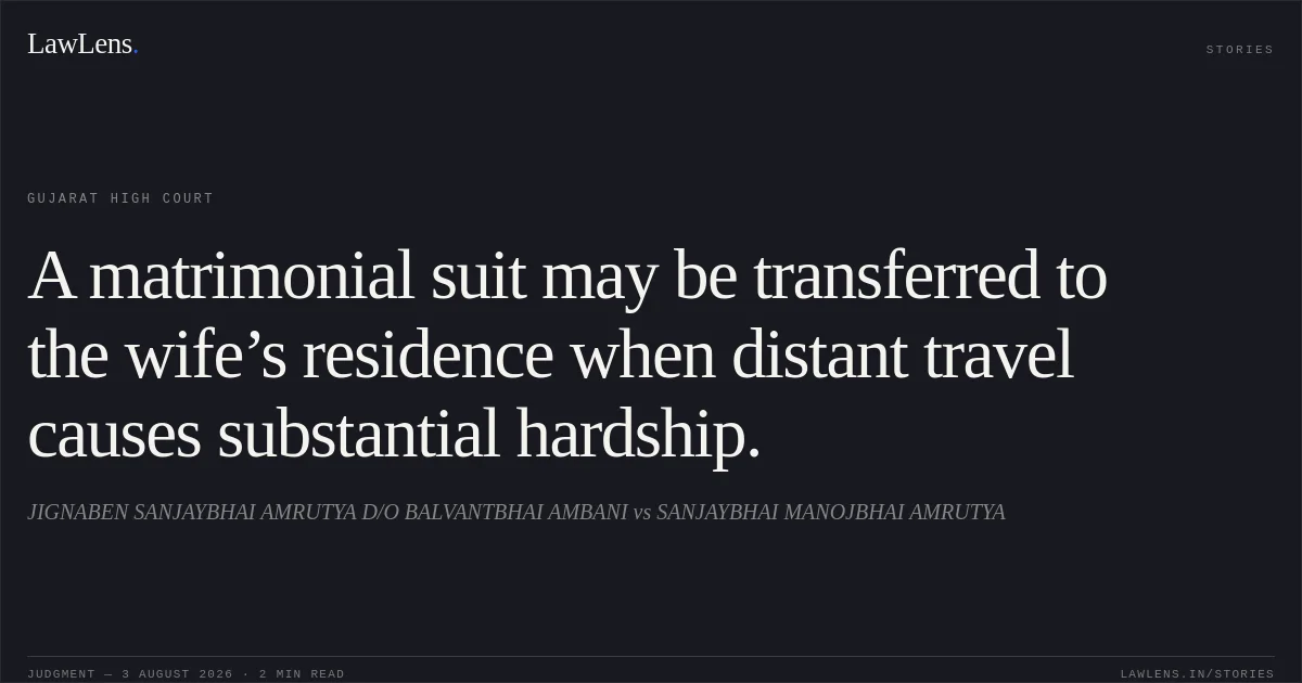 A matrimonial suit may be transferred to the wife’s residence when distant travel causes substantial hardship.. JIGNABEN SANJAYBHAI AMRUTYA D/O BALVANTBHAI AMBANI vs SANJAYBHAI MANOJBHAI AMRUTYA. Gujarat High Court. LawLens