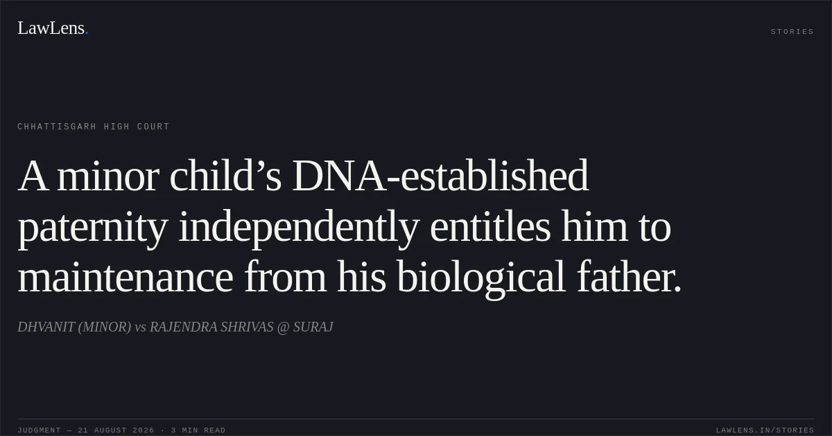A minor child’s DNA-established paternity independently entitles him to maintenance from his biological father.. DHVANIT (MINOR) vs RAJENDRA SHRIVAS @ SURAJ. Chhattisgarh High Court. LawLens