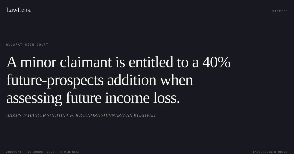 A minor claimant is entitled to a 40% future-prospects addition when assessing future income loss.. BARJIS JAHANGIR SHETHNA vs JOGENDRA SHIVNARAYAN KUSHVAH. Gujarat High Court. LawLens