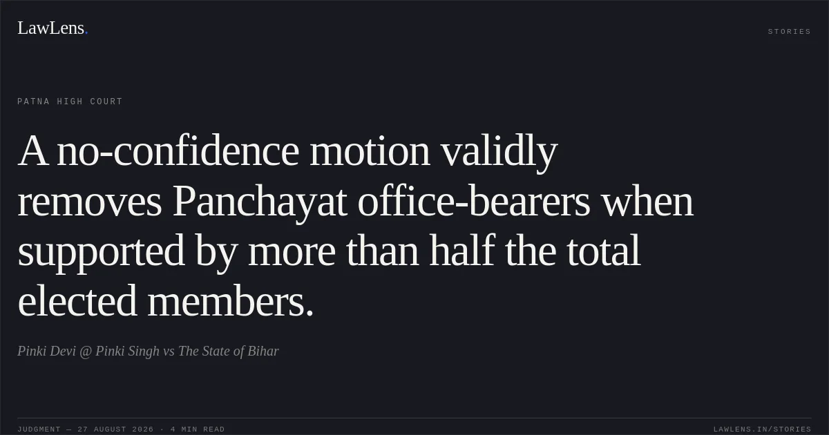 A no-confidence motion validly removes Panchayat office-bearers when supported by more than half the total elected members.. Pinki Devi @ Pinki Singh vs The State of Bihar. Patna High Court. LawLens